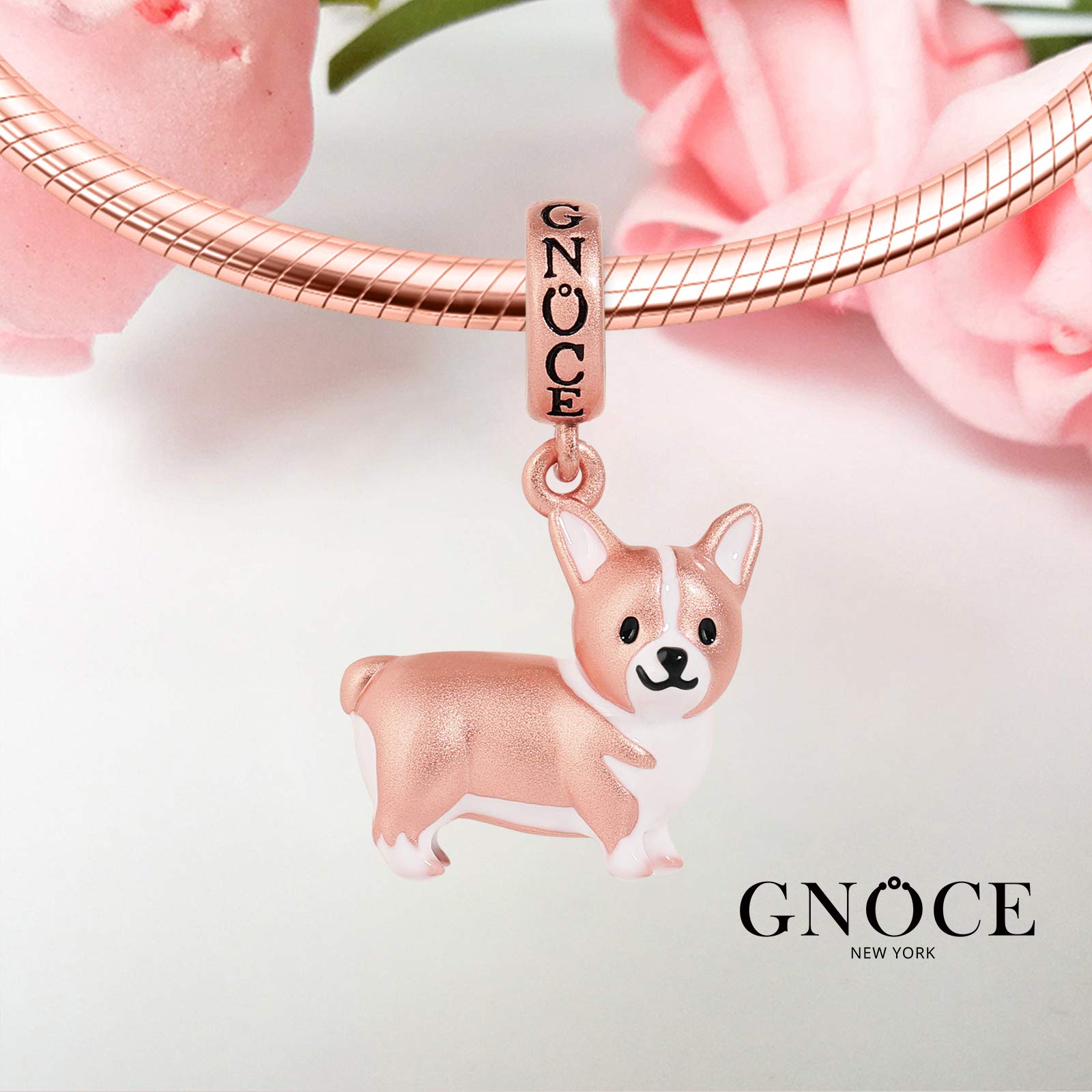 GNOCE Corgi Anhänger Charm Sterling Silber Matt 18 Karat Roségold plattiert Tier Hund Beads Charm Fit Armband/Halskette Weihnachts Geschenk für Frauen Mädchen Tochter
