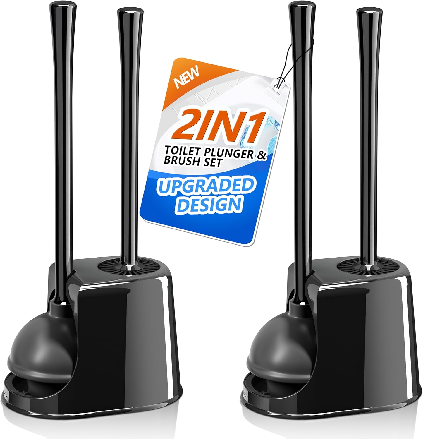 Black Toilet Brush and Plunger Set with Ventilated Holder