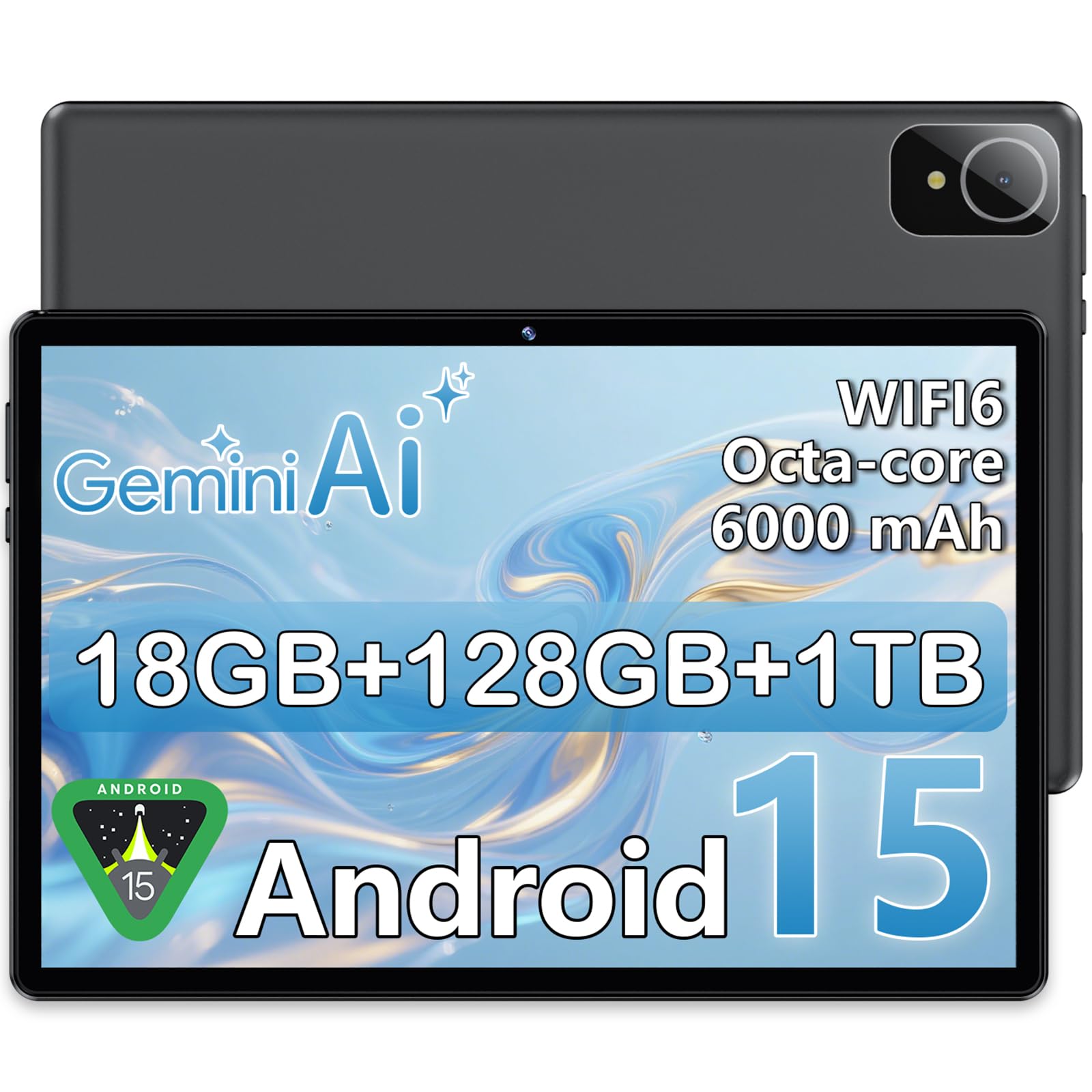 Tablet Android 10.1" Android 15, 18GB RAM (6+12) + 128GB, T30 Octa-Core, 1TB Espandibile, WiFi 6, 6000mAh, Display IPS HD 1280×800, Widevine L1, GPS, Gemini AI