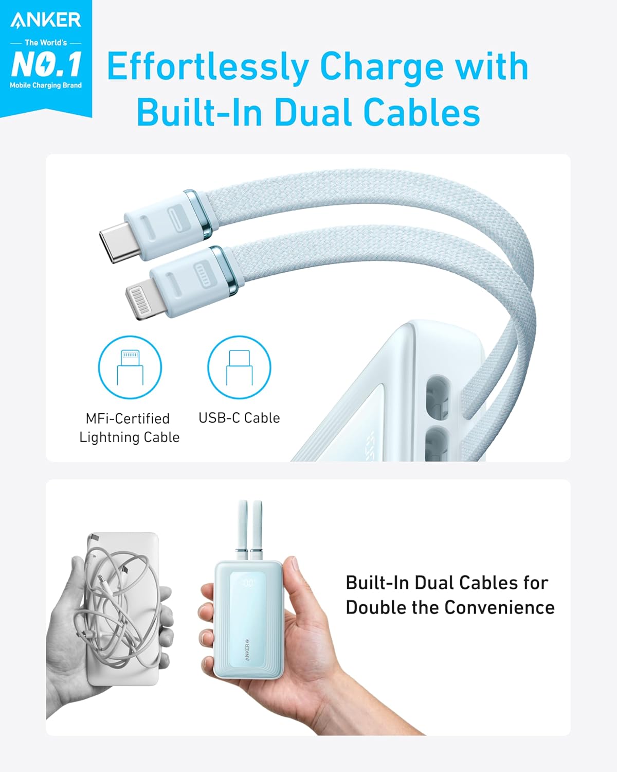 Anker Zolo Power Bank, 10,000mAh 30W Max Fast Portable Charger with Built-in USB-C and MFi Certified Lightning Cables, USB-C&A, Battery Pack for iPhone 16/15 Series, MacBook, Galaxy