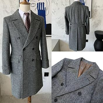 【Mode】Herringbone tweed over long coat Pkrboro Men's Herringbone Tweed Outwear Office Daily Long Overcoat