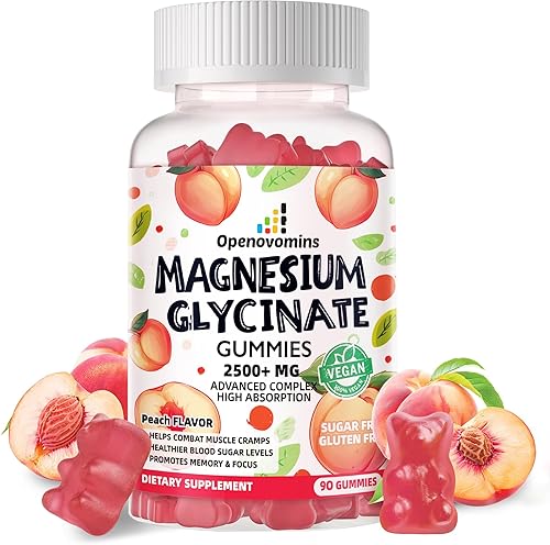 Miniatura 1 de Gomitas de glicinato de magnesio de 2500 mg  Suplemento de magnesio y potasio sin azúcar con vitamina D, B6, CoQ10 para un estado de ánimo tranquilo