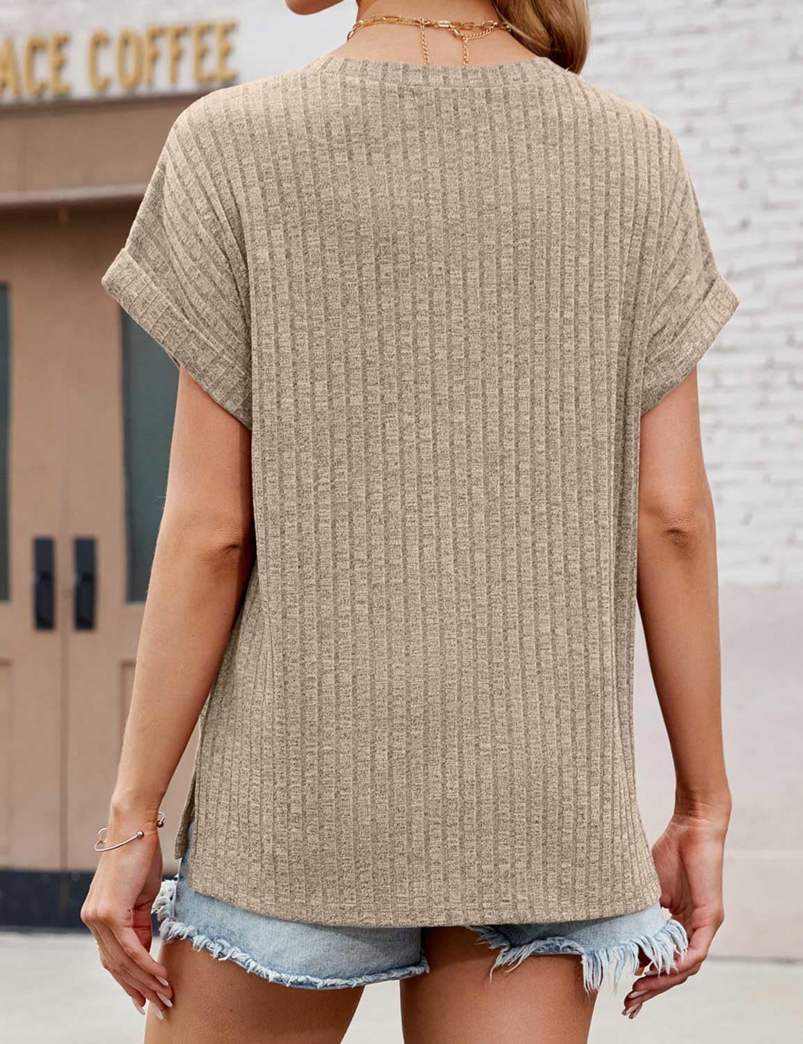 JUSTFASHIONNOW Summer Tops for Women 2026 V Neck Short Sleeve Shirts Dressy Casual Blouses Trendy Side Split Basic Tees - Image 5