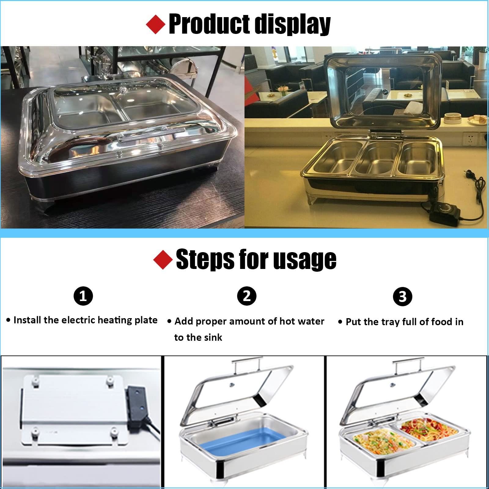 Scaldavivande Elettrico Professionale, Scaldavivande Elettrico Acciaio Inox Contenitore Scalda Cibo per Buffet Hotel Feste, Coperchio Visibile+Temperatura Regolabile, Facile da Pulire, 9L