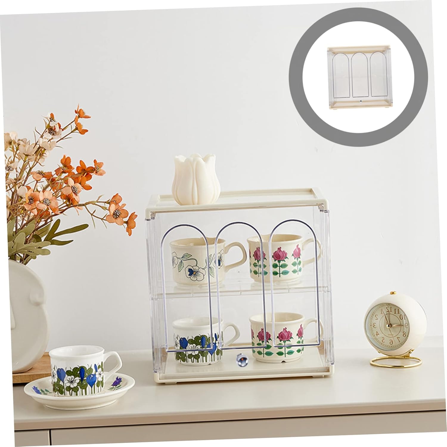 Double Acrylic Cup Holder Transparent Desktop Storage Organizer for Glasses Mugs and Decorative Items Practical Draining Design for Home and Office Use