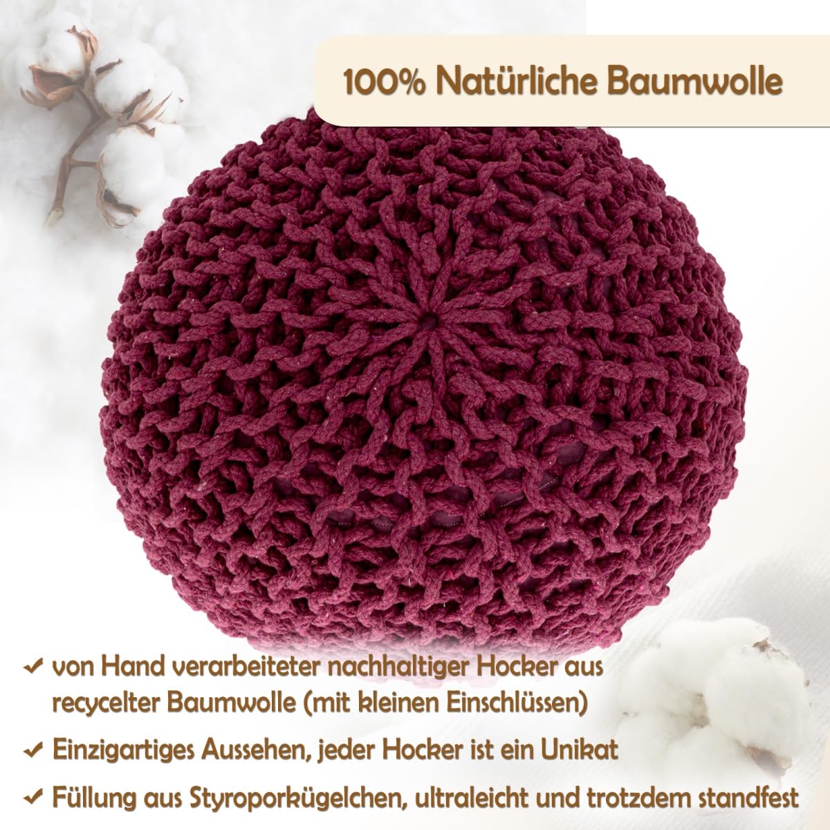 Sitzpouf Strickhocker Pouf Ø45 H30cm Bodenkissen Indoor Baumwolle nachhaltig recycelt Farbe Bordeaux
