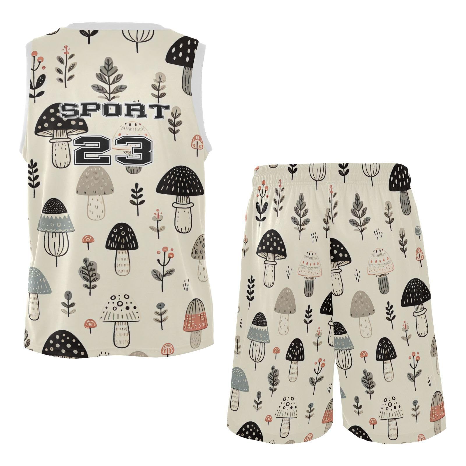 FLildon Beige Mushrooms Boys Basketball Jersey Set Tank Top Shorts Tracksuit Sport Training Suit for Kids, M