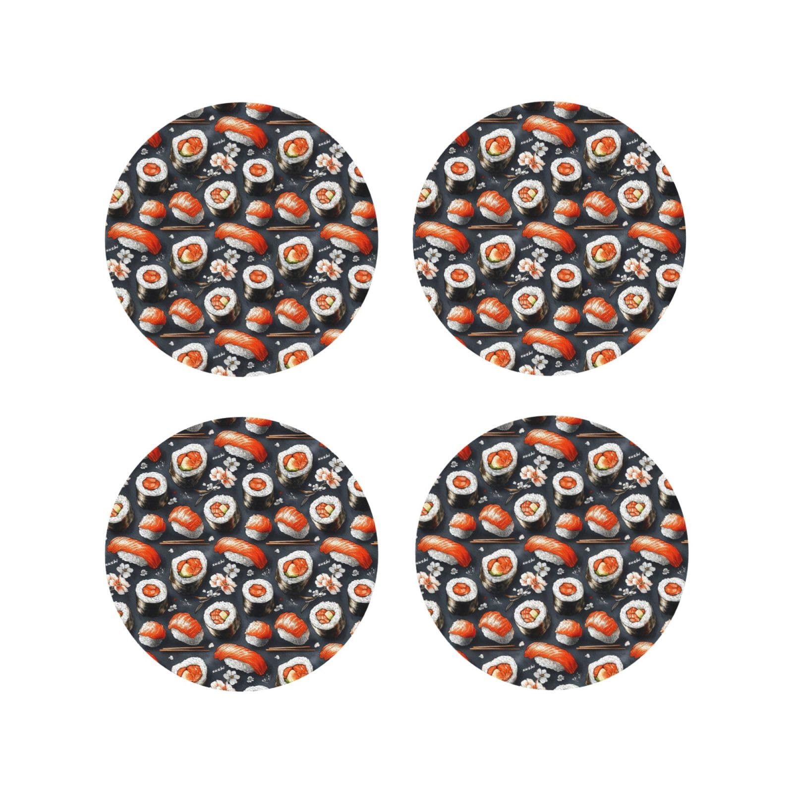 Leather Coasters Set of 4 - Cute Sushi Print Lightweight Drink Coasters for Desk