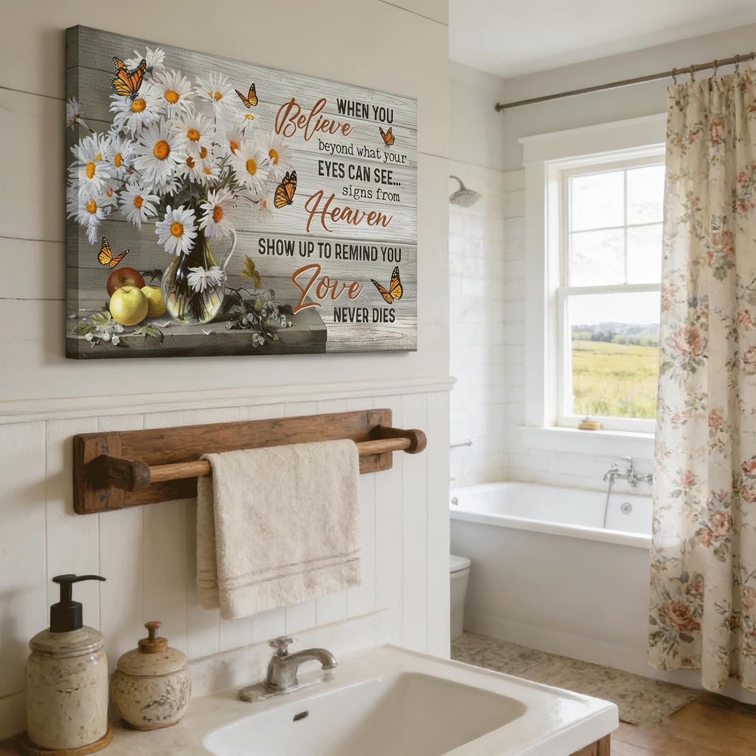 Daisy Canvas Wall Art Farmhouse Butterfly Flowers Painting Picture Wall Decor Inspirational quotes Poster Print Artwork for Living Room Kitchen Bedroom Bathroom Home Decoration Prepare to hang