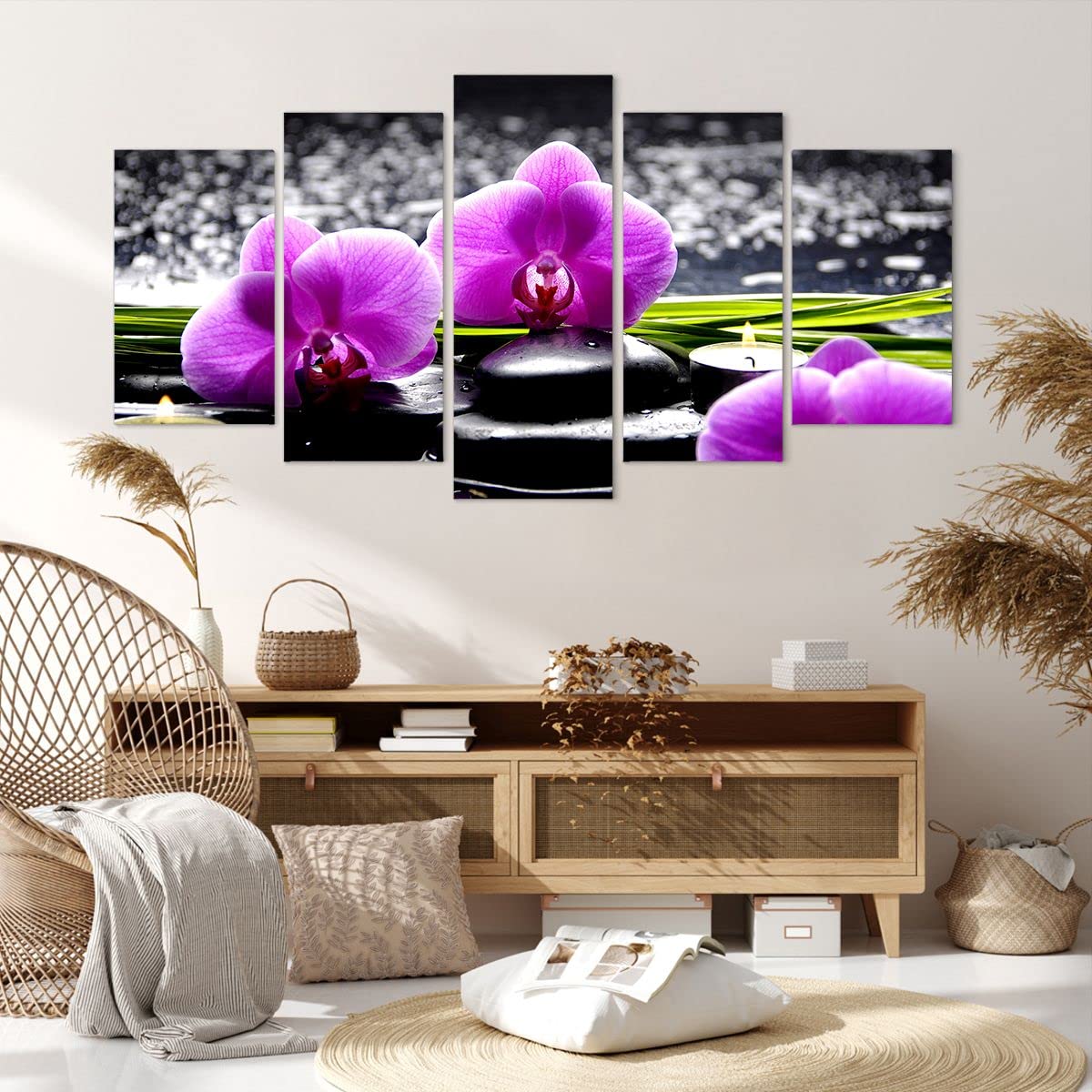 Wandbilder Dekoration Wohnzimmer Orchidee Natur Wasser Blume Bilder auf Leinwand 160x85cm Leinwandbild Schlafzimmer Set 5 teilige Wand Kunstdruck Art Groß XXL Wanddeko Bild Canvas EA160x85-2658