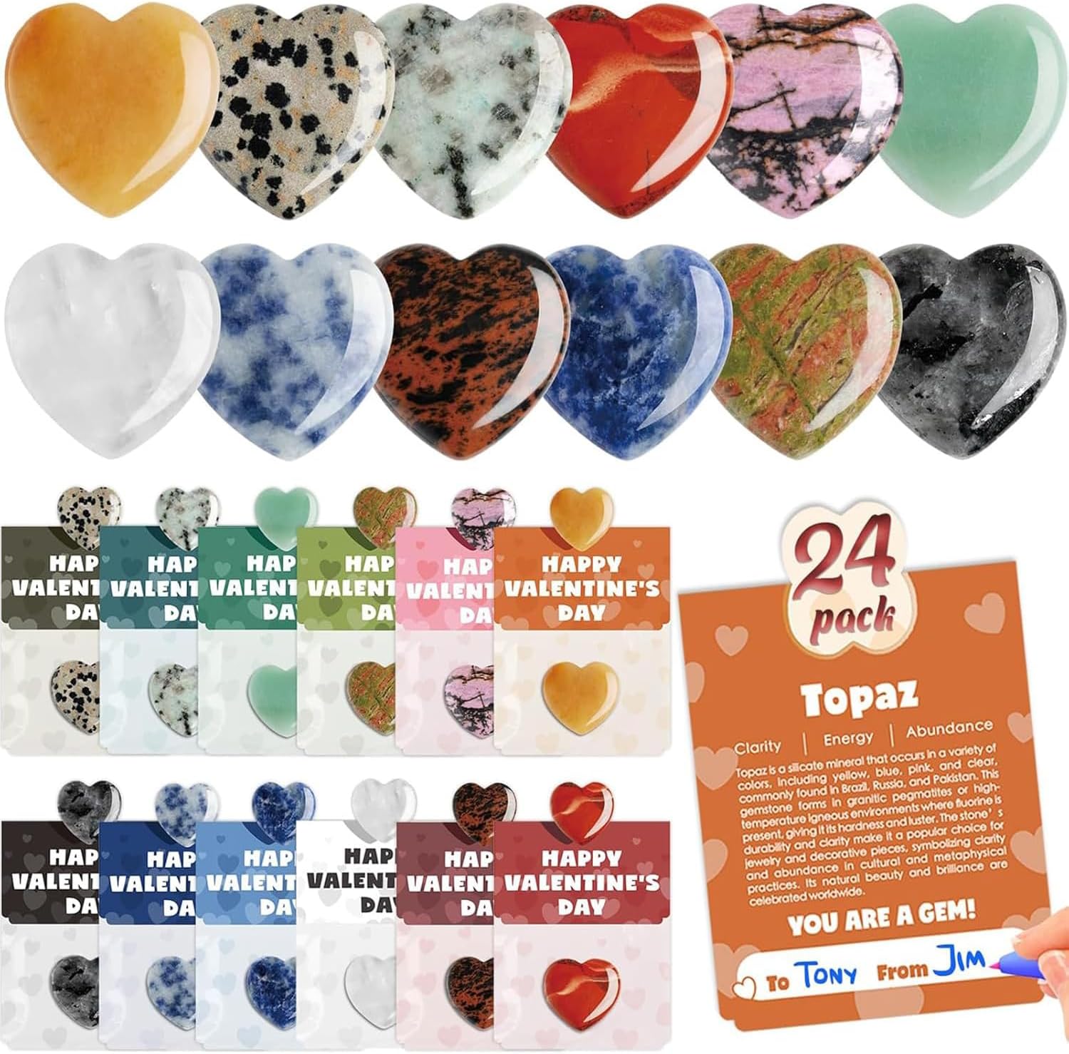 UKM 24Pack Valentines Day Gem Gifts for Kids, Heart-Shape Crystal Valentines Cards, Valentines Gift Cards for Kids School Class Classroom (Random acrylic stones)