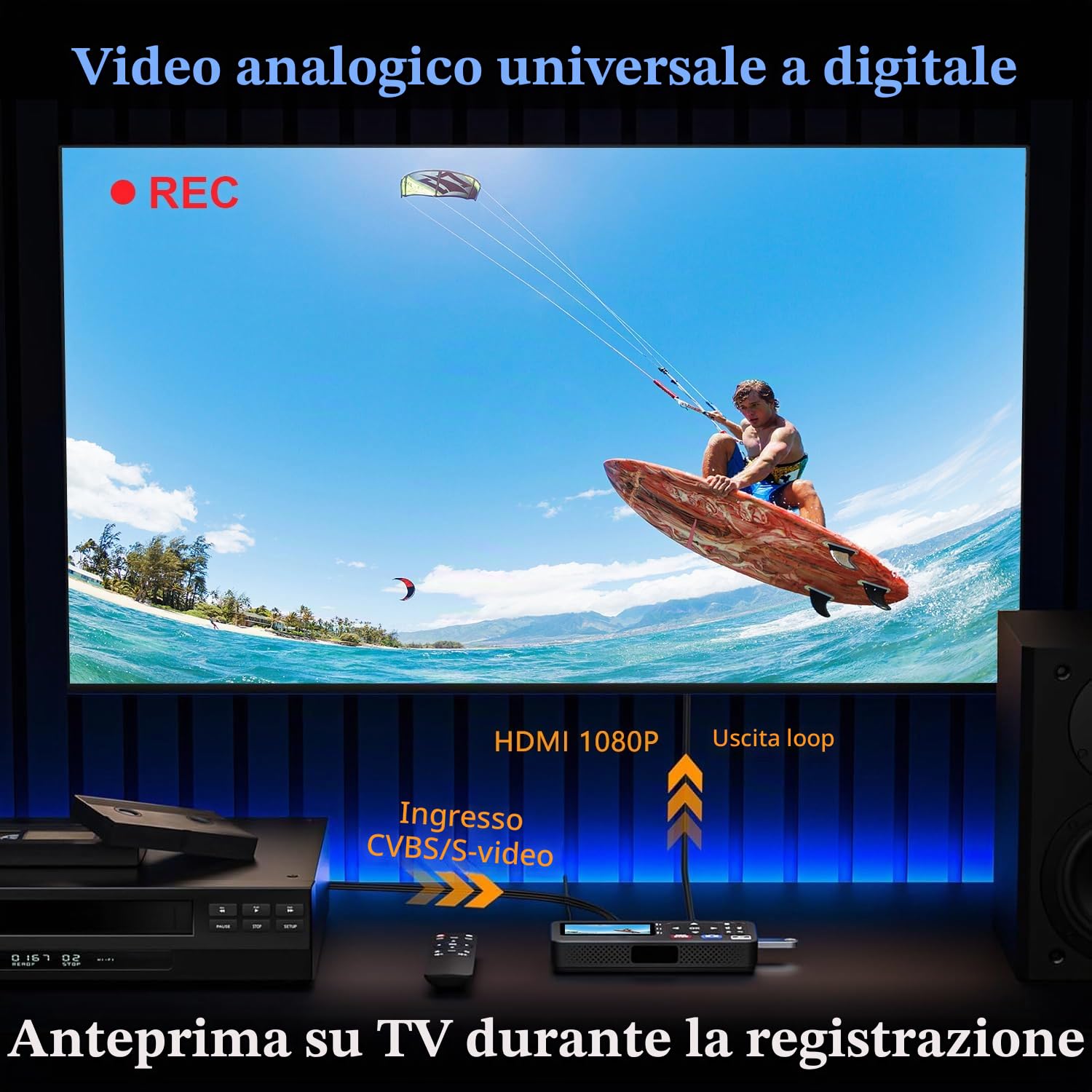 Convertitore portatile da VHS a digitale con telecomando, video a registratore digitale autonomo per registrazione di nastri VHS, VCR, DVR, DVD, Hi8, lettore DV, RCA, CVBS, TV Box, videocamera