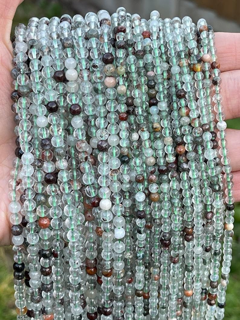 Quartz vert fantôme : perles rondes facettées 2 mm pour fabrication collier bracelet en fil