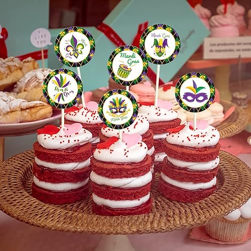 Miniatura 4 de Decoraciones redondas para cupcakes de Mardi Gras, flor de lis, decoración de postres para tartas de postres de Nueva Orleans, mascarada, carnaval,