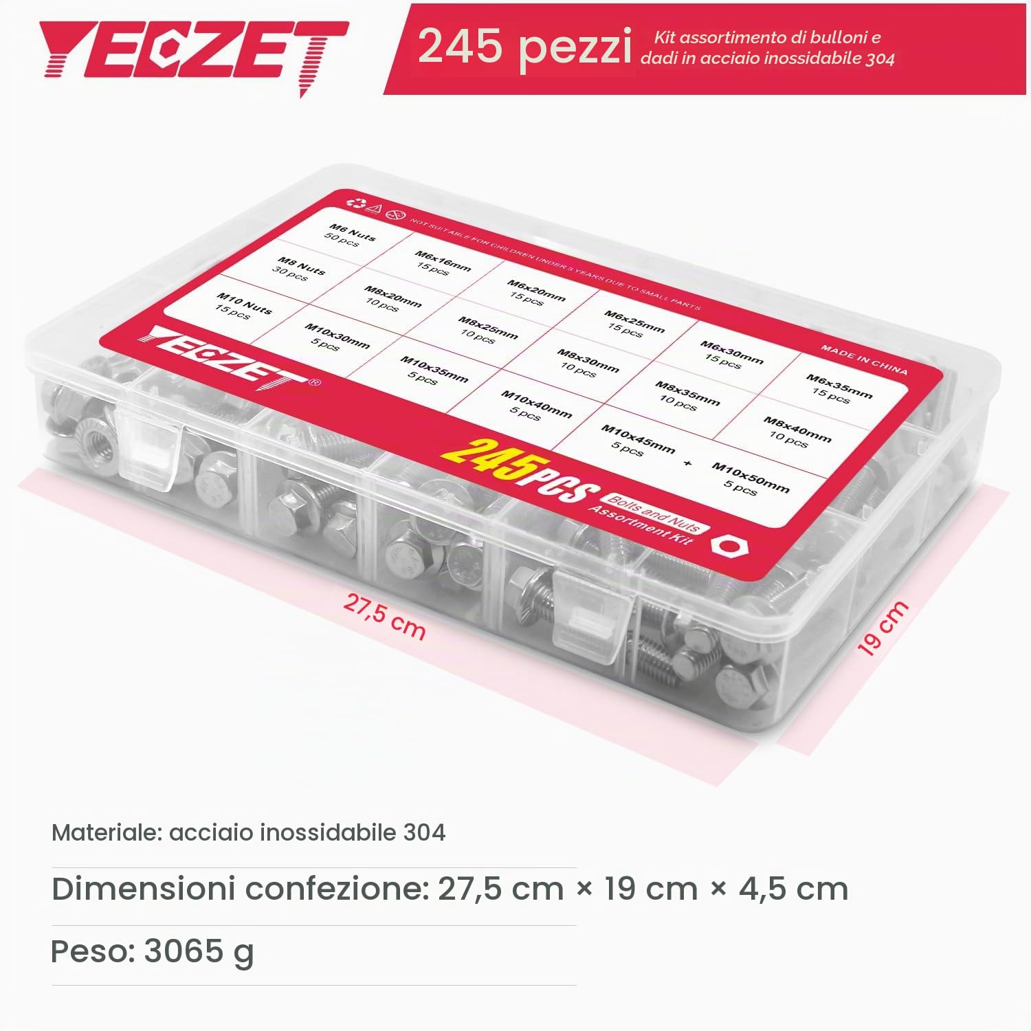 Kit di Bulloni e Dadi Flangiati Pesanti da 245 Pezzi M6 M8 M10, in Acciaio Inossidabile 304. Include 15 Dimensioni Più Comuni.