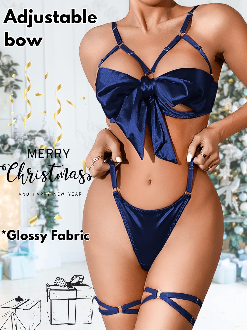 Kaei&Shi Bow Lingerie for Women, Bowtie Satin Bra and Panty Set, Valentines Outfit Christmas Birthday Present