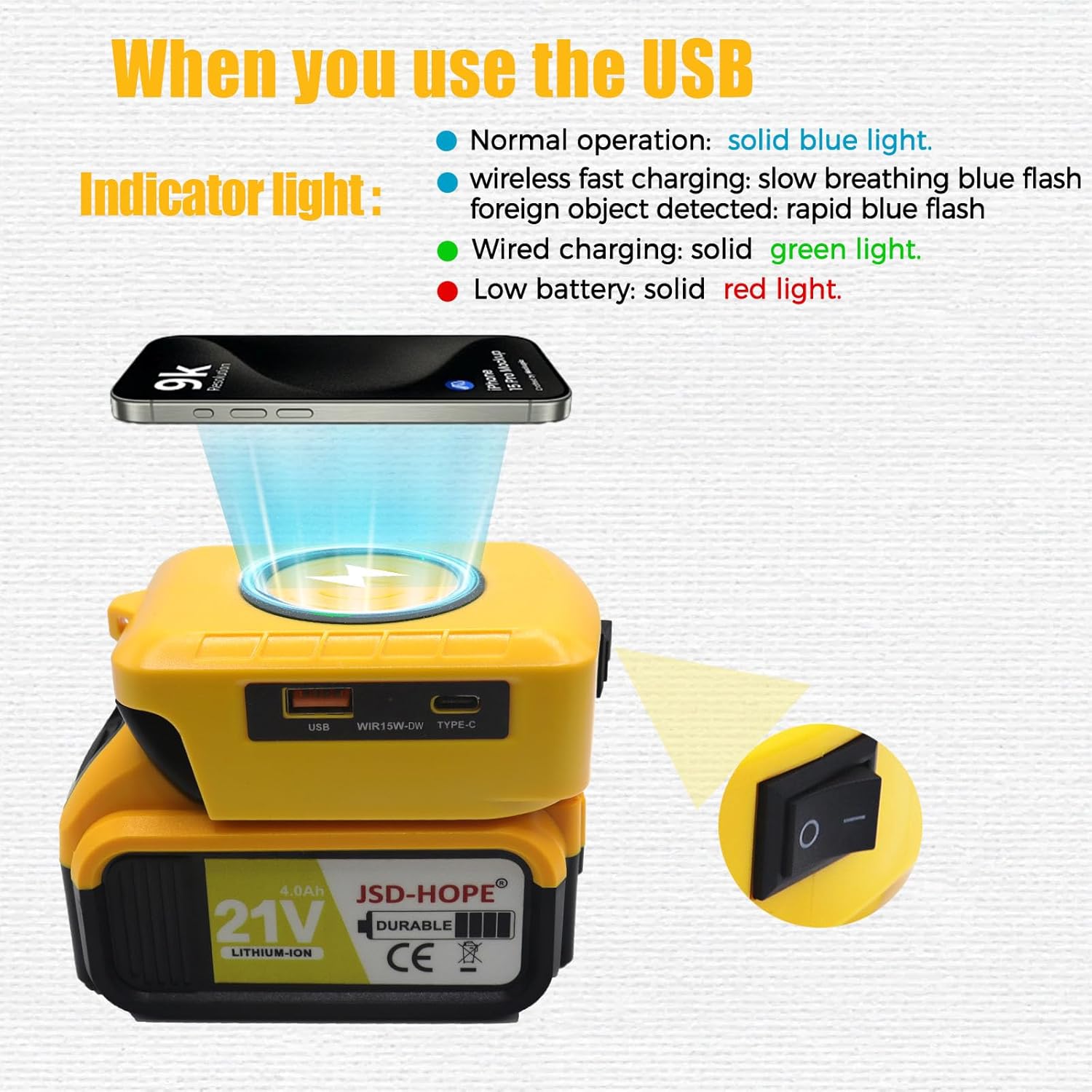 Fast Wireless Charger Adapter for De.Walt 20V Tool, with USB-A & USB-C QC/PD Ports. Portable Outdoor Power Source for Phones, Tablets & More (Battery Not Included)
