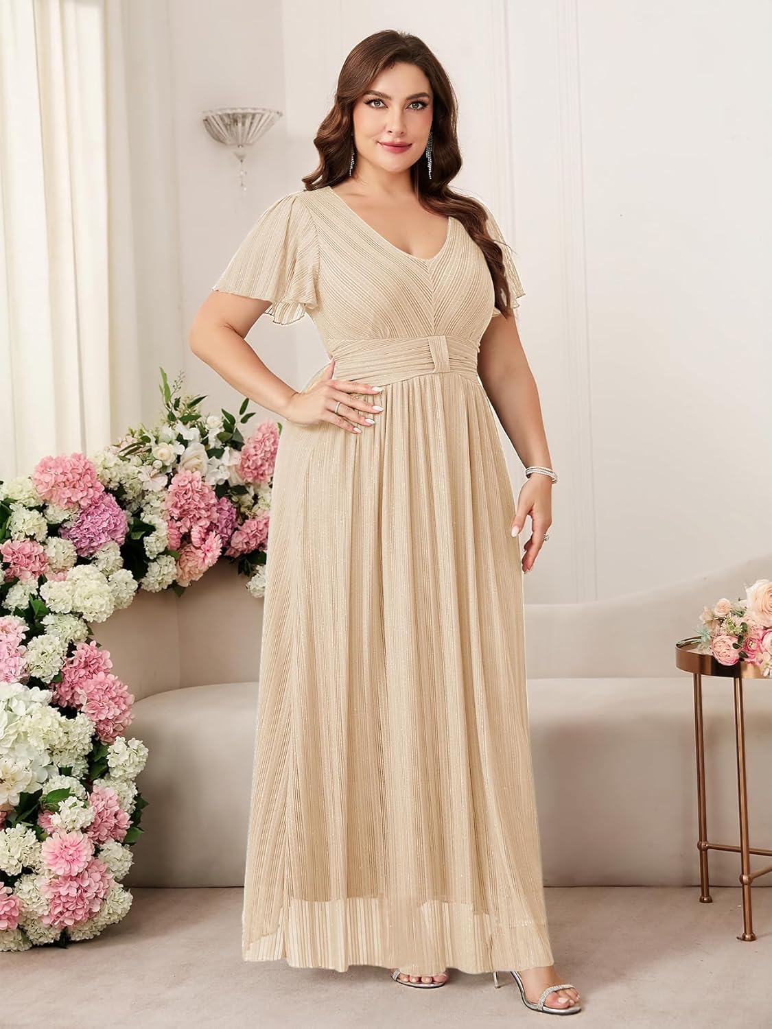 CYCLAMEN Plus Size Sparkly Formal Dress Lace Maxi V Neck Gala Prom Cocktail Evening Gown Wedding Guest