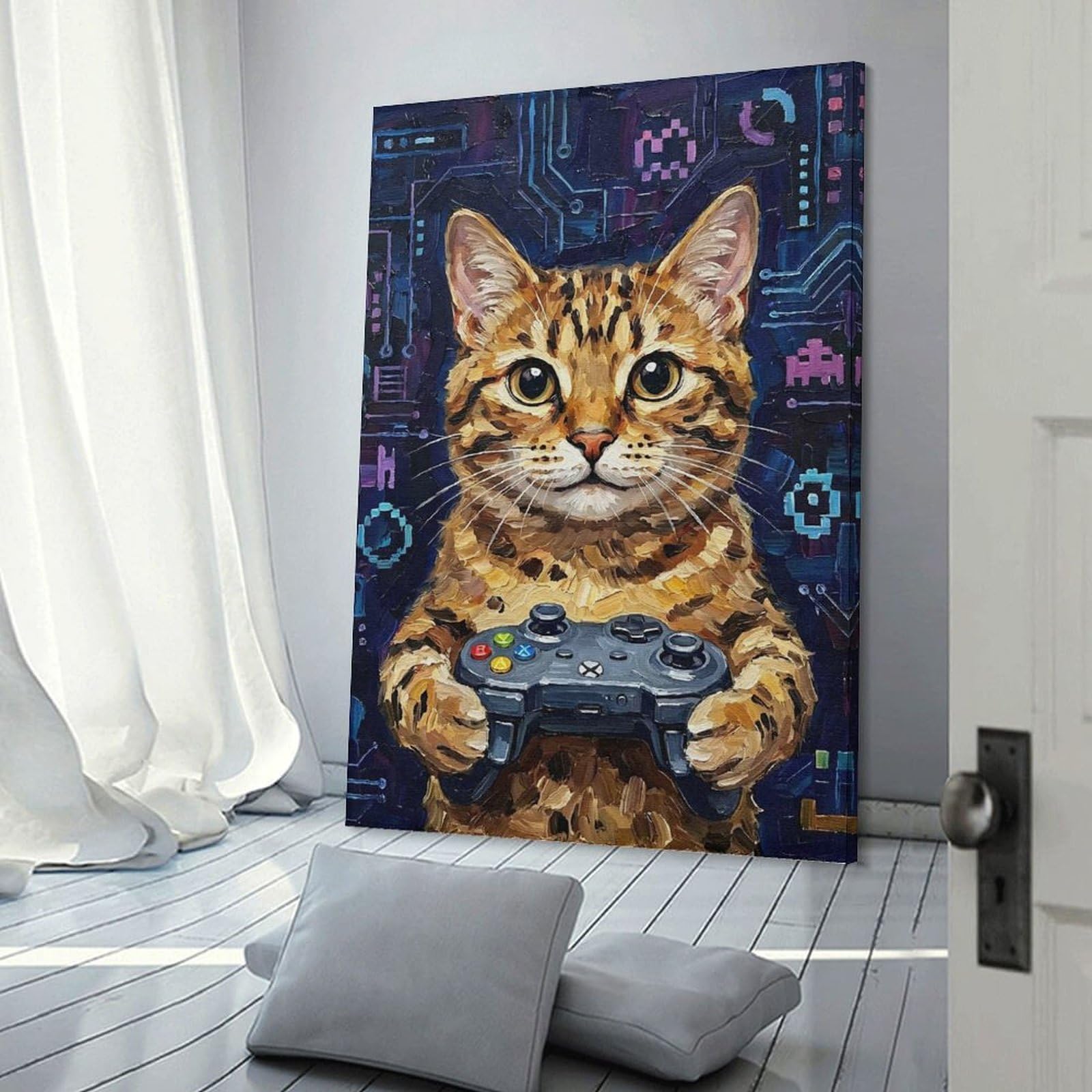 Junmoney Decorative Wall Artwork Gamer Cat Painting, 24x36inch(60x90cm), for Lounge, Bedroom Or Personal Spaces, Thoughtful Wall Decor for Art Lovers