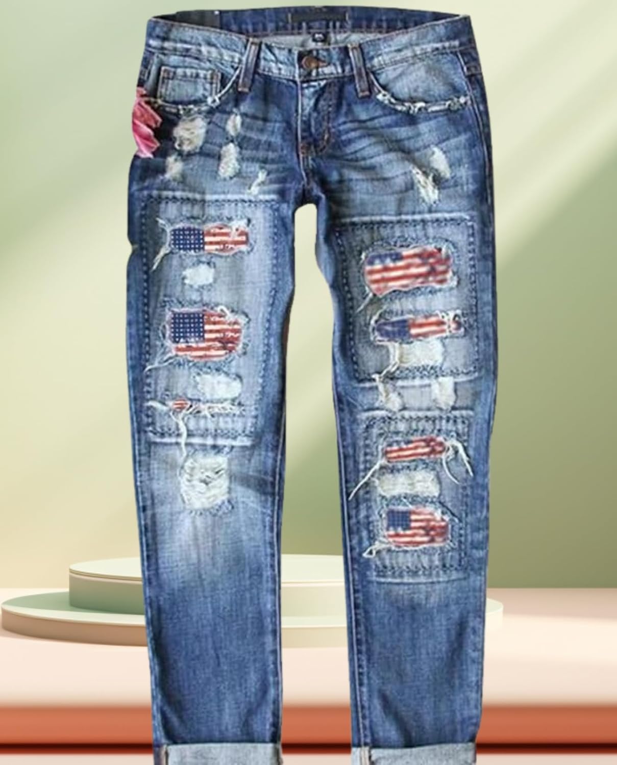 Women's Skinny Ripped Jeans - Mid-Rise Stretch Denim with Destroyed Holes & Retro Plaid Patch Design​