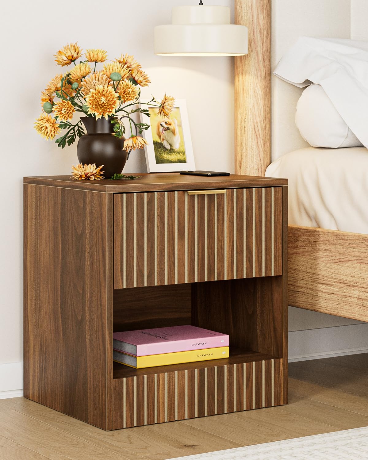 Apetaccat Bedside Table,45x38x49cm, Farmhouse Wooden Bedside Cabinet with Drawer,Kids Bedside Table Nightstand for Bedroom,Living Room,Office,Walnut, Medium