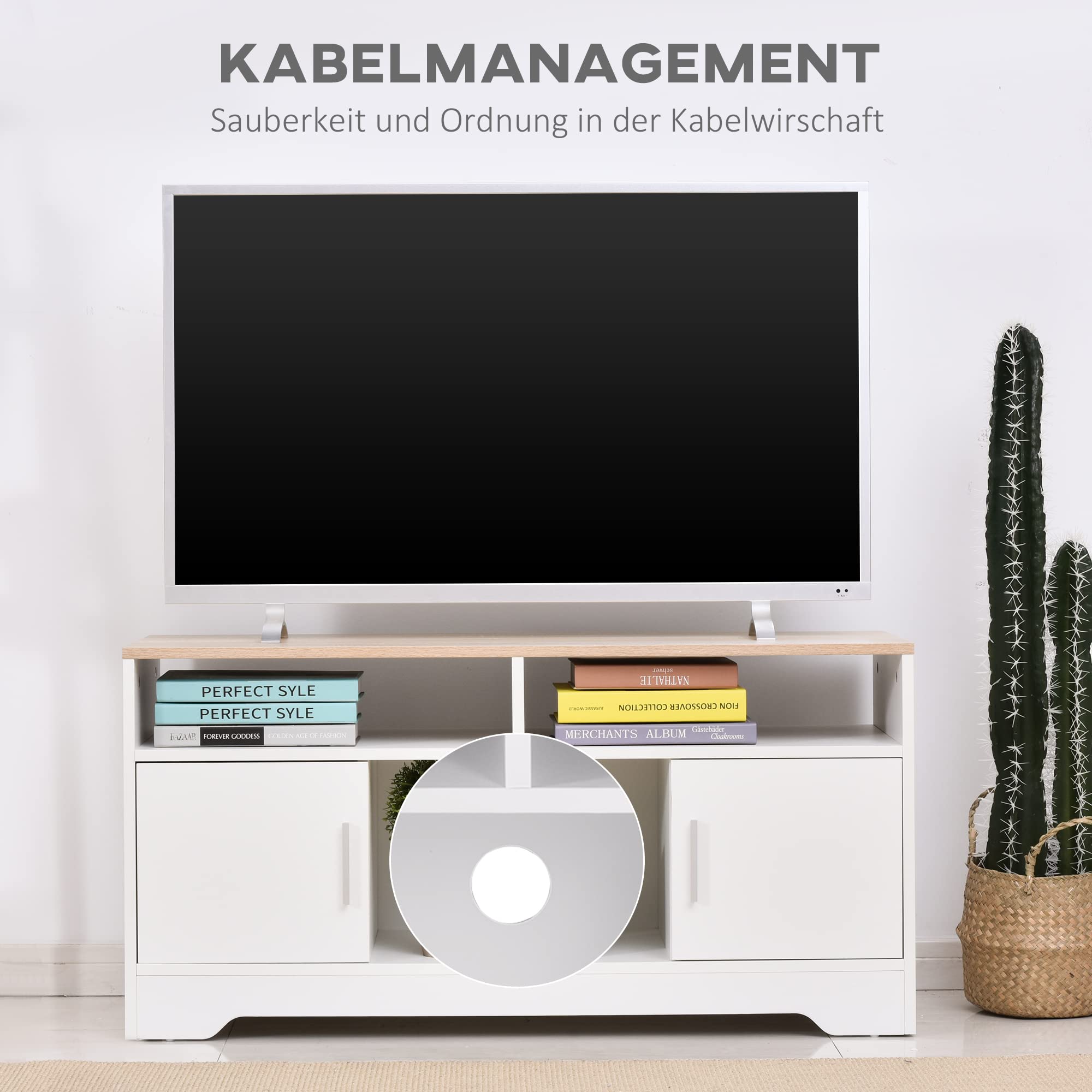 HOMCOM TV-Lowboard Fernsehschrank TV-Bank mit 2 Schränken und 3 offenen TV-Kommode bis zu 50 Zoll Fernsehtisch Unterschrank Kabelführungsöffnung Spanplatte Weiß+Naturholz 105 x 40 x 52 cm