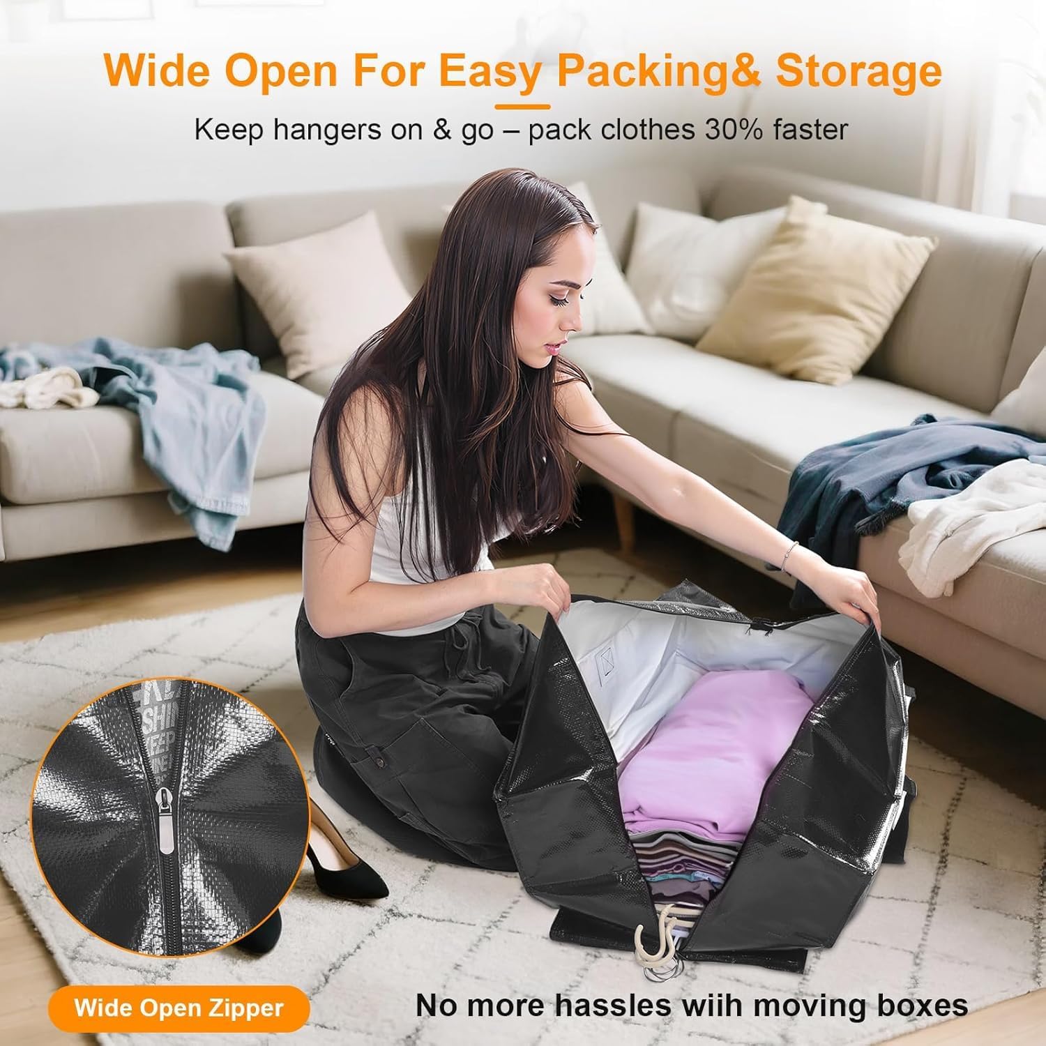 CHVEGLUZ 12 Packs Moving Bags Heavy Duty Extra Large,Storage Bags with Zipper&Handles, Sturdy&Durable Clothes Storage Bags Totes for College Dorm Essentials, Moving Boxes for College Supplies, Black