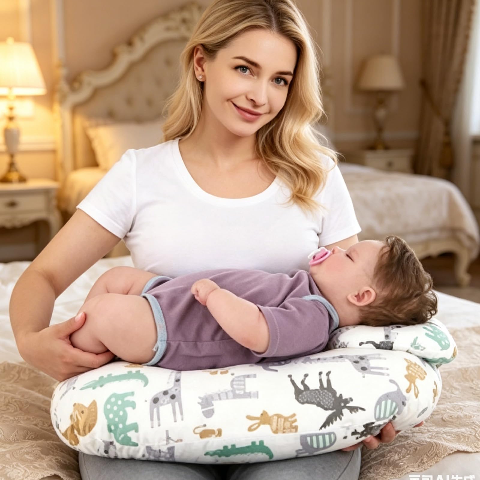BORDEAG Petit coussin d'allaitement pour nouveau-né, 53 x 40 cm, petit coussin d'allaitement avec housse, coussin d'allaitement pour l'allaitement et le soin de bébé, motif parc animalier