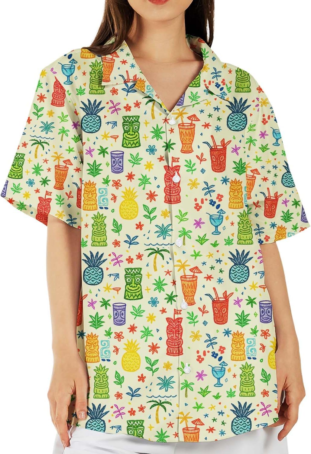 Tropical Tiki and Flamingo Hawaiian Shirt for Women Summer Beach Button Down Short Sleeve Clothes for Women - Image 3
