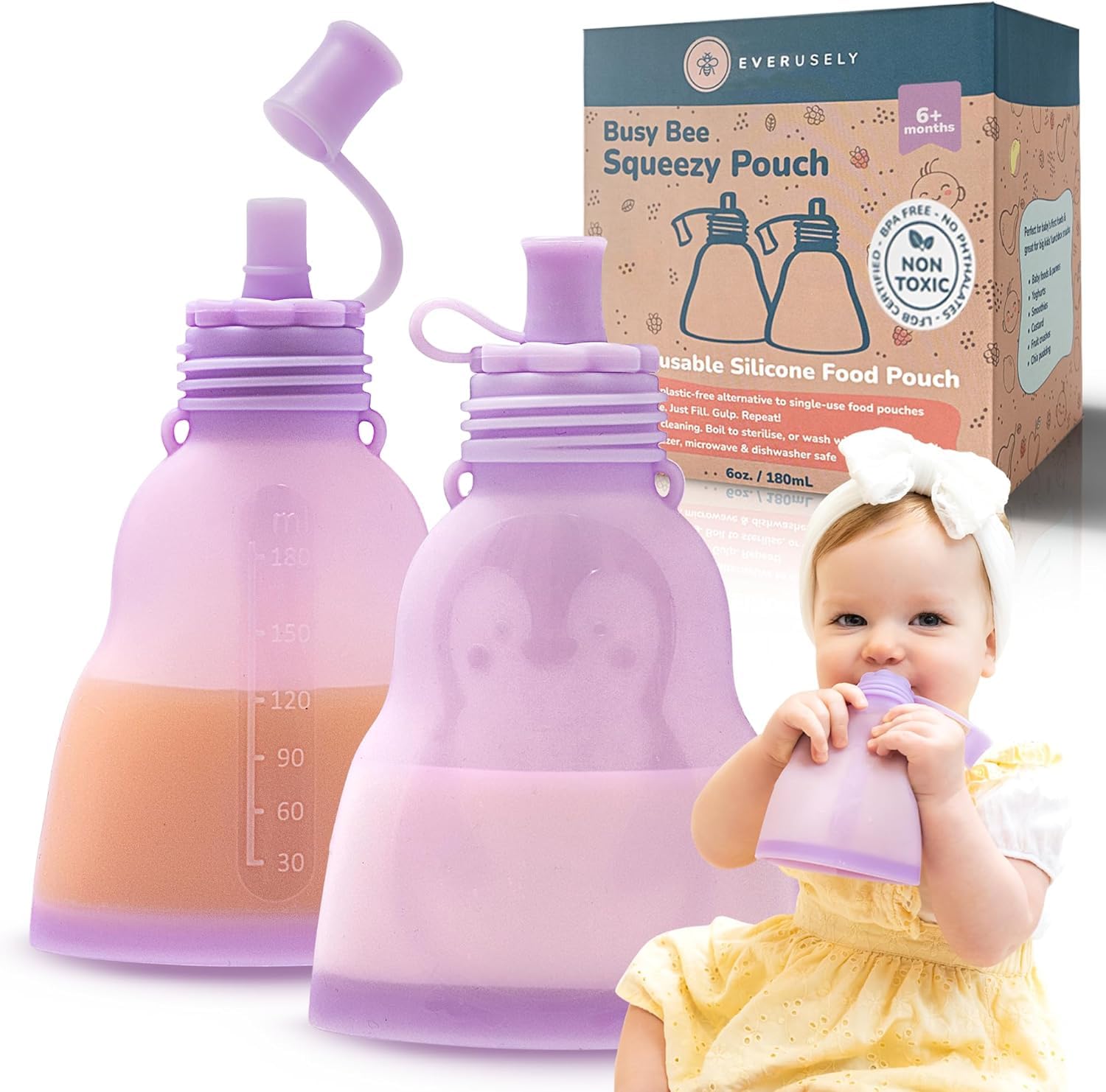 Everusely Reusable Baby Food Pouches for Toddlers - 2 Pack, 6 oz/180 ml, Lavender - Squeezable Silicone Food Pouch - Refillable, Leakproof, Spill