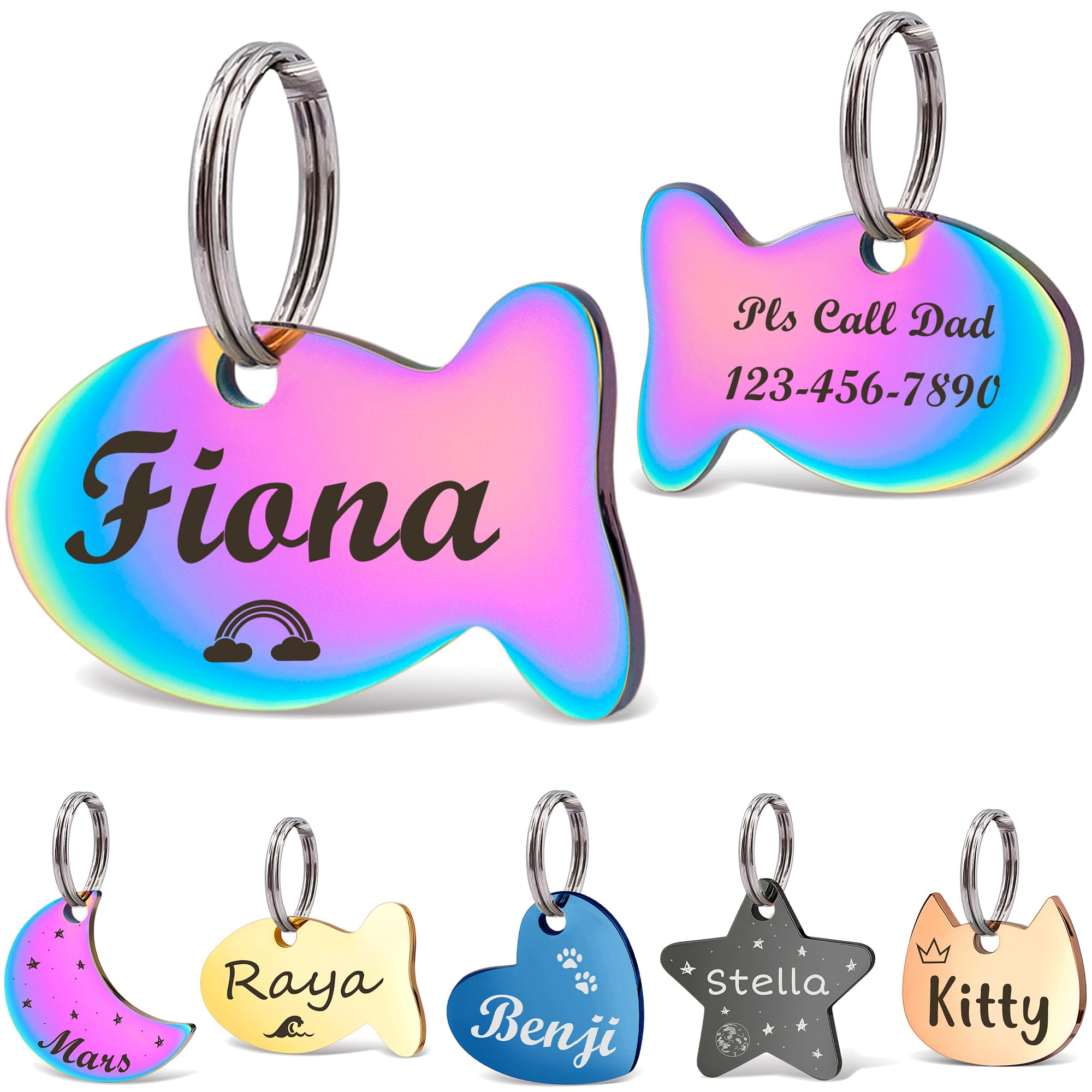 Anavia Small Size Dog Cat ID Tags, Small/XS Personalized Color Plated Stainless Steel Puppy Kitten Name Tags, Customized Engraved Nameplate Pet Collar Tag (Rainbow, Fish)