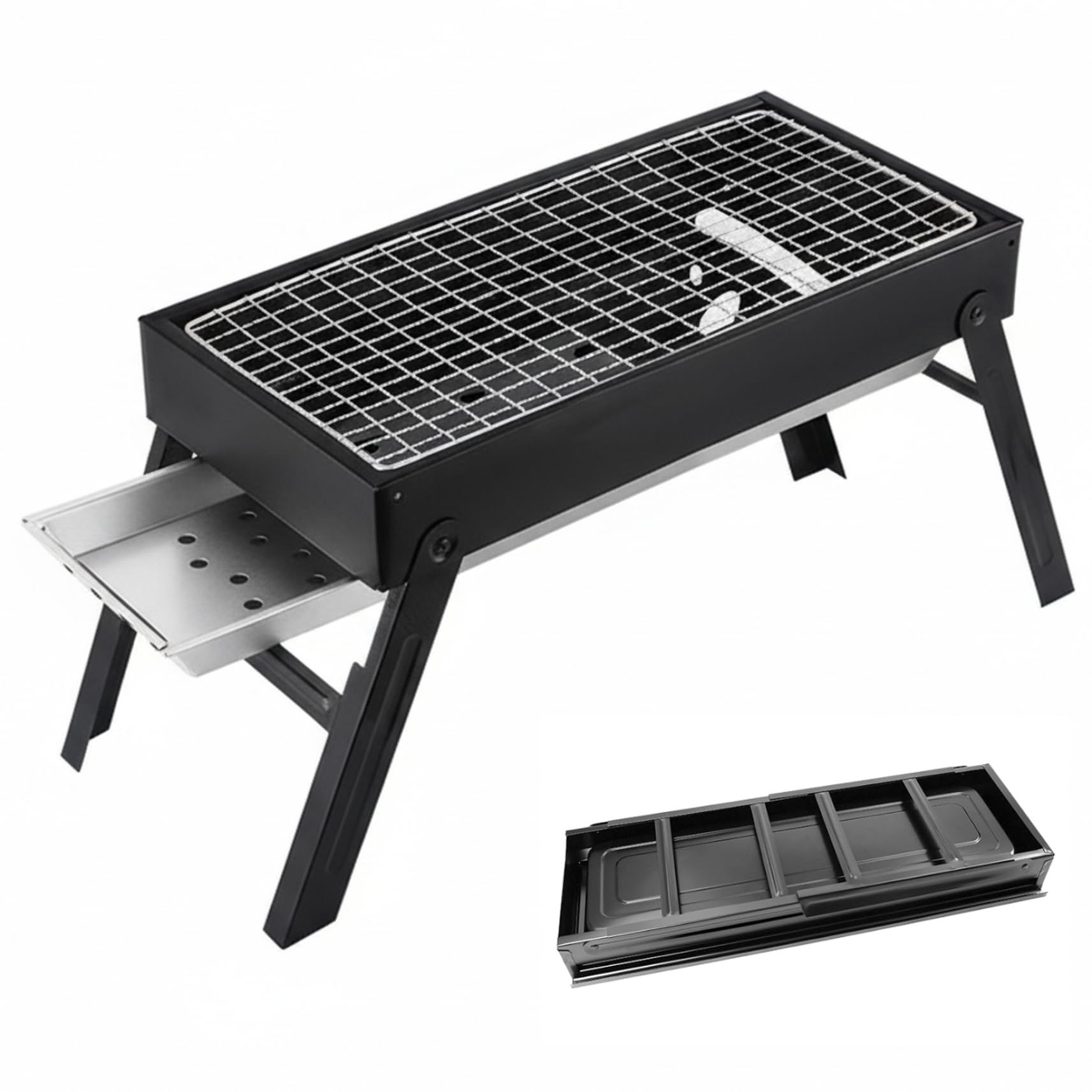 Grill au charbon de bois portable et pliable avec tiroir à cendres