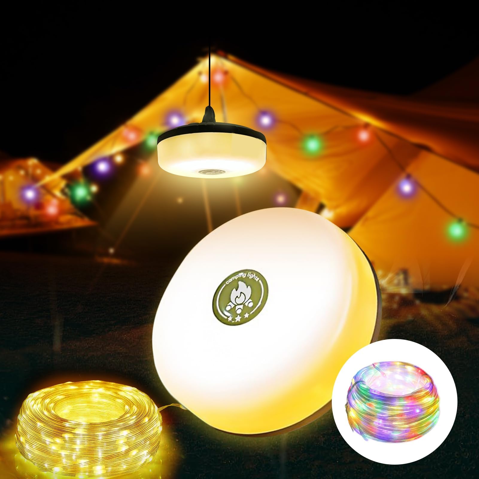 Camping String Lights Outdoor, 32.8ft Multi-Functional RGBW LED Camp Lights with 8 Modes Waterproof IP44 Rechargeable Portable Hanging Lamps for Hiking Tenting Patio Party Decorations