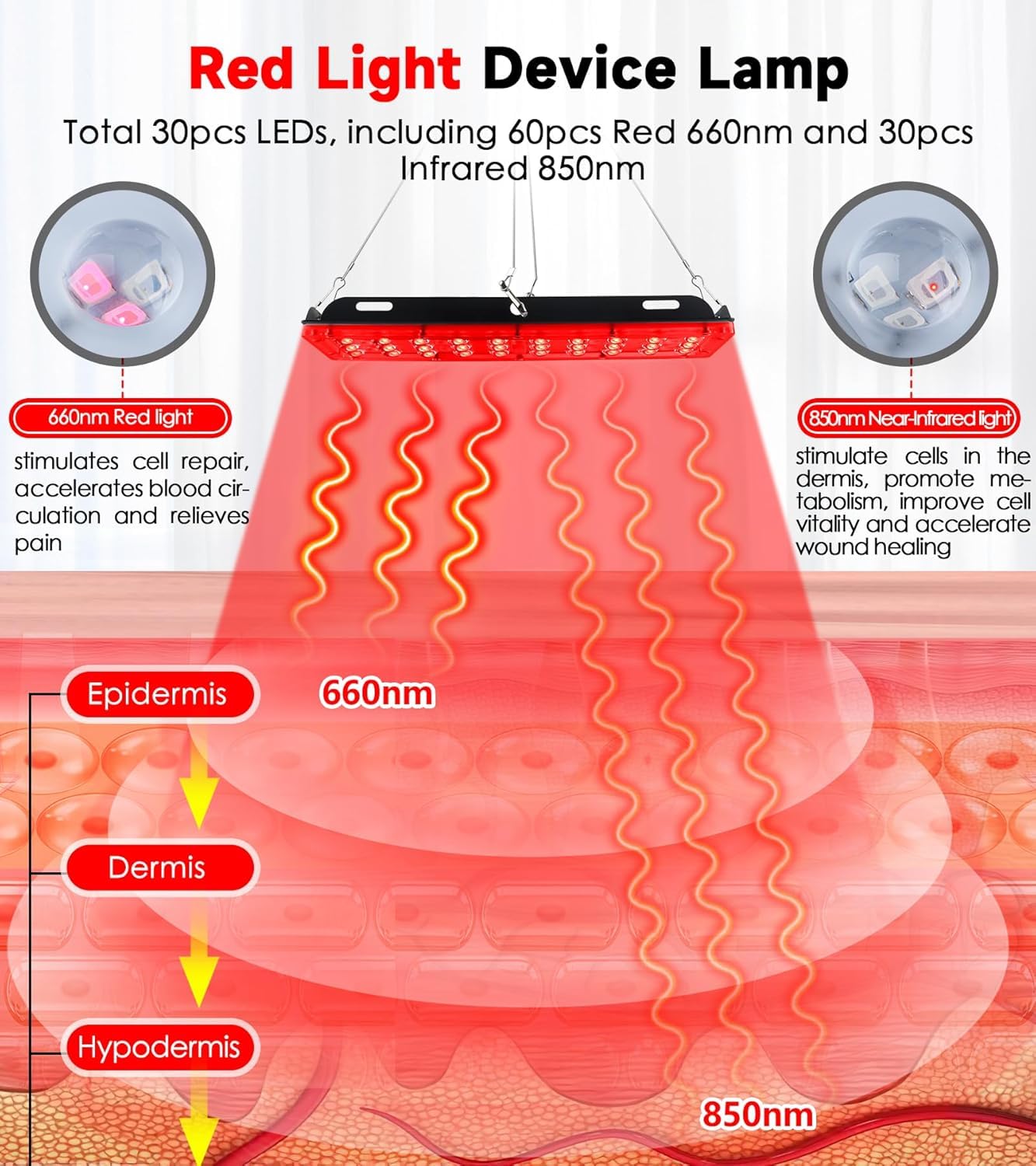 Lámpara de terapia de luz roja de cuerpo completo, soporte ajustable para uso doméstico con temporizador de 30 LED, 660 nm/850 nm/660 + 850 nm, terapia dual, 5 niveles de brillo ajustable, 3 modos