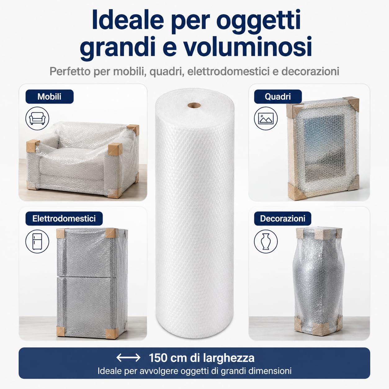 All4All Pluriball per Imballaggio 150 cm x 50 m, 75 m², Spessore 50 µm, Rotolo Extra Largo, Protezione Antiurto per Traslochi, Mobili e Oggetti Fragili