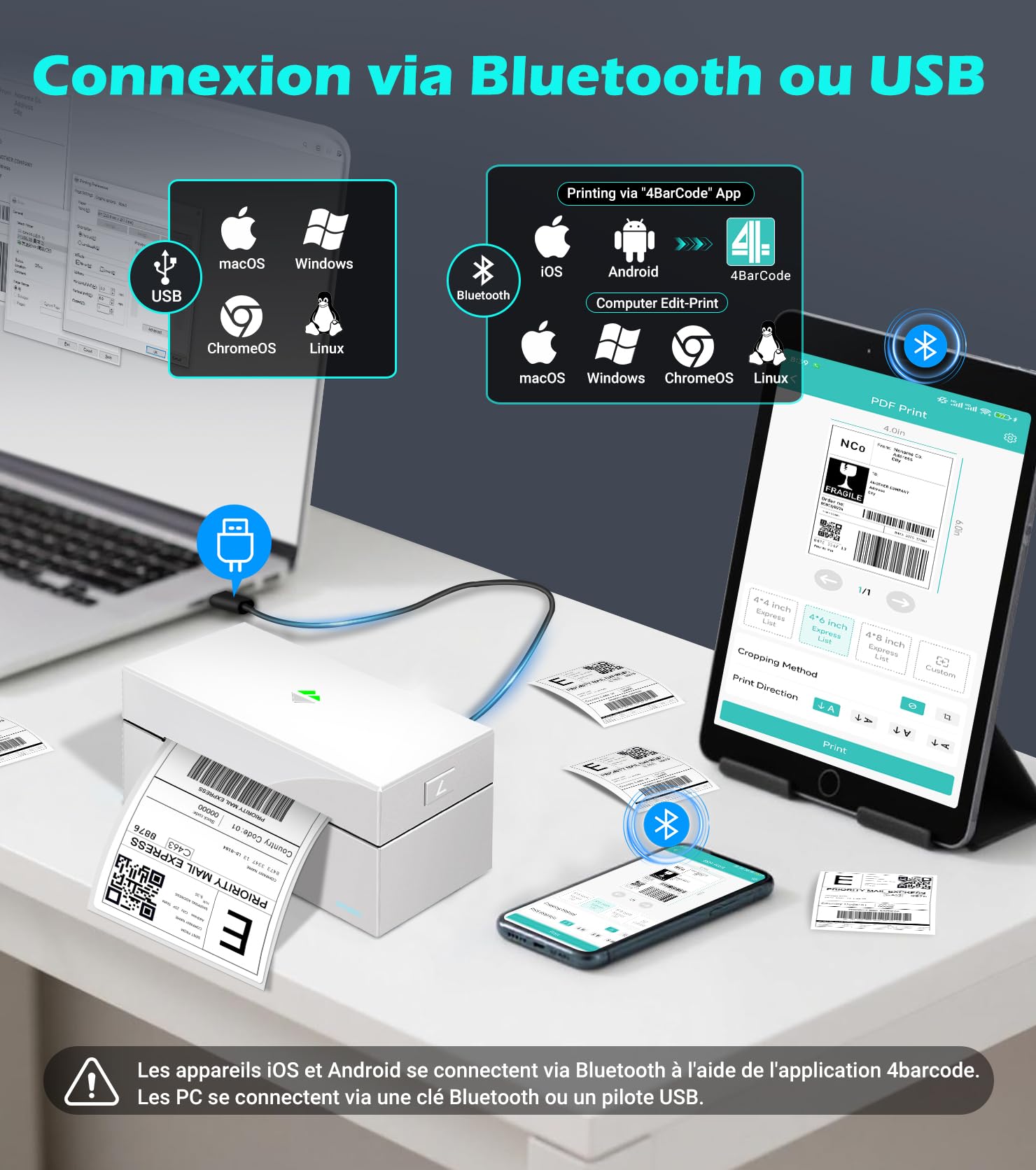 ORGBRO Z1 Plus Imprimante Thermique Bluetooth 4x6 Étiquettes Expédition Compatible Amazon eBay Shopify Blanc