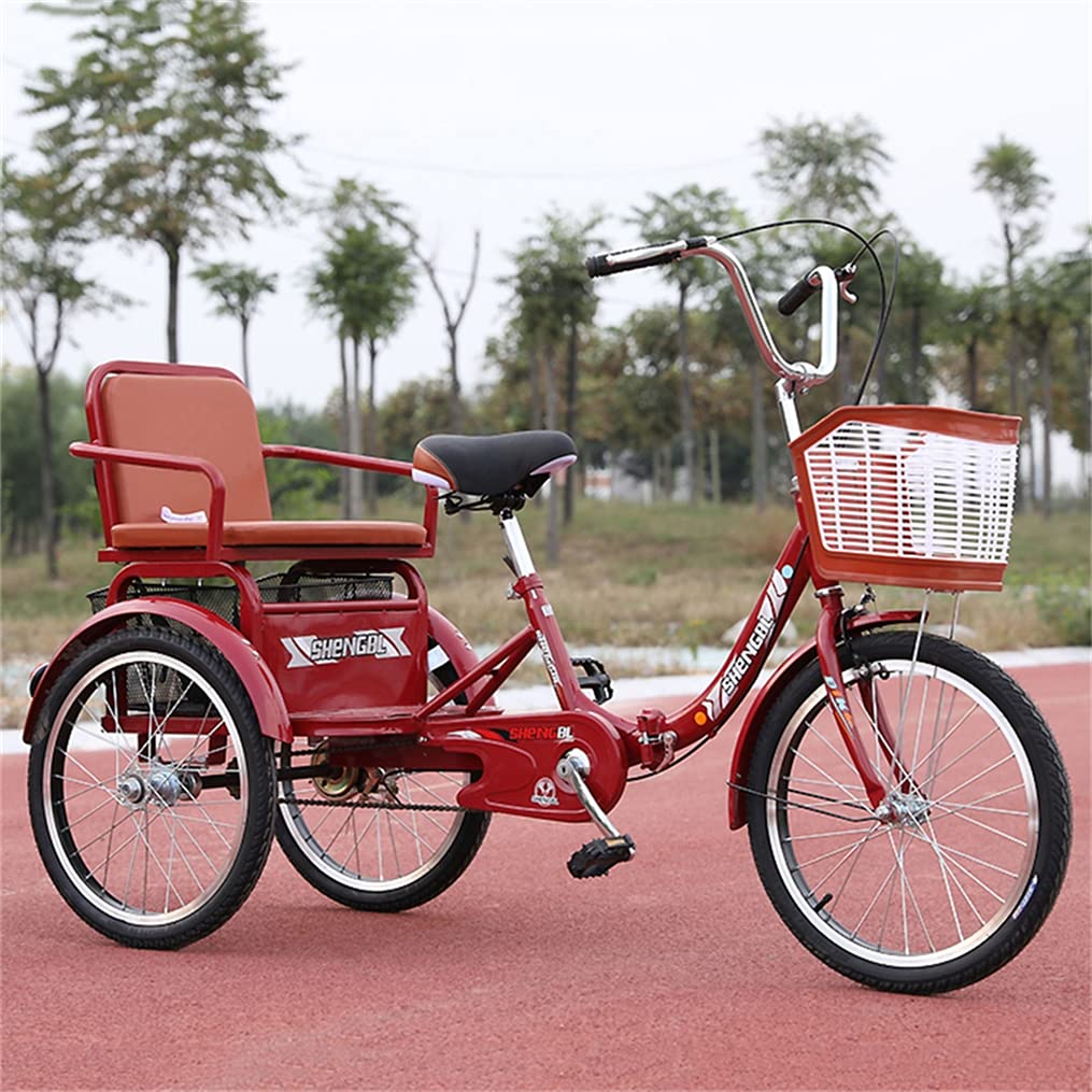 Erwachsene Cruiser Bikes 20 Zoll Trike Bike Großer Einkaufskorb, Faltbare Dreiräder Mit Rücksitz - Für Shopping-Übungen-Erholung,Rot