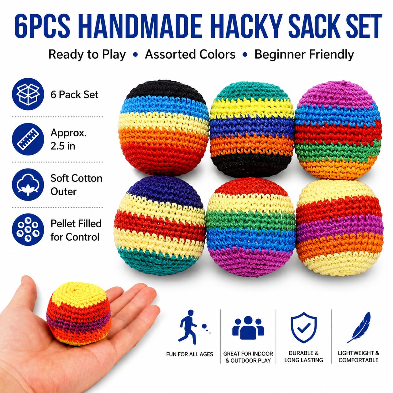 6PCS Hand-Made Knitted Hacky Sack, 2026 Upgraded Assorted Foot Bag Crochet Hacky Sacks for Adults, Juggling Balls for Beginners, Multicolored Geometric Pattern, Ready-to-Use Hacky Sacks (6pcs) — view 2