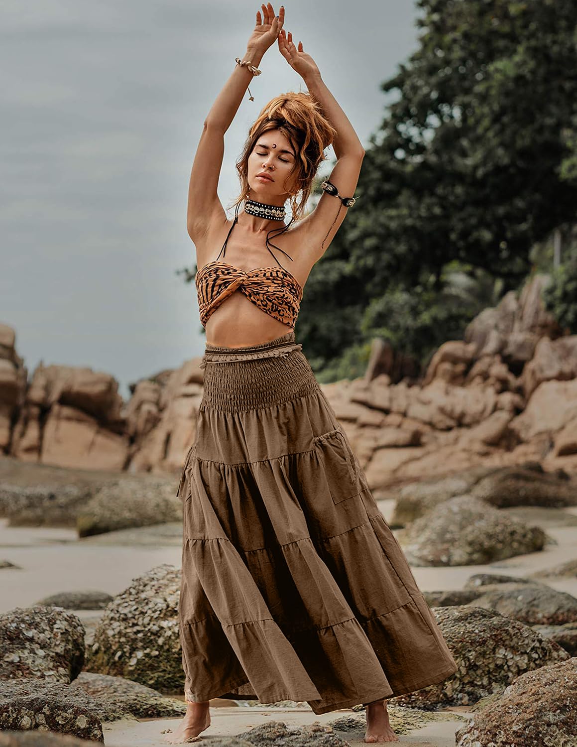 Donna Gonna Lunga da Spiaggia Bohémien Casual Estivo 2 in 1 Vestiti Elegant Gonna con Tasca