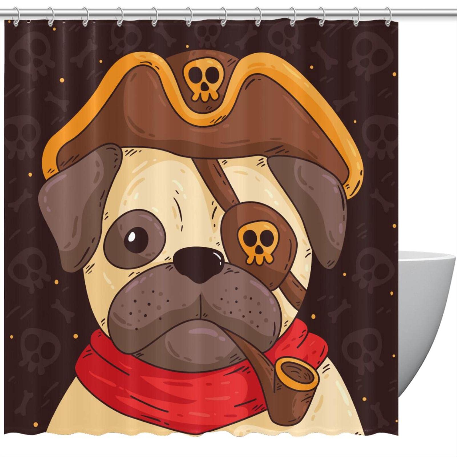 Rideau de douche en tissu épais à motif chien pirate avec œillets et crochets robustes