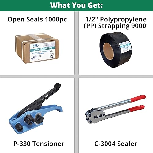 Miniatura 3 de IDL Packaging Kit de flejado industrial de polipropileno (PP) de 12 pulgada x 9000 pies, resistencia a la rotura de 300 libras - Solución completa