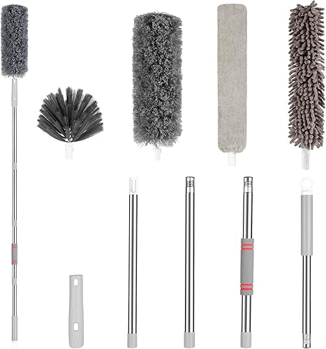 Plumero de microfibra con 4 kits de limpieza de polvo, plumero reutilizable con poste de extensión extra largo de 79 pulgadas para limpiar