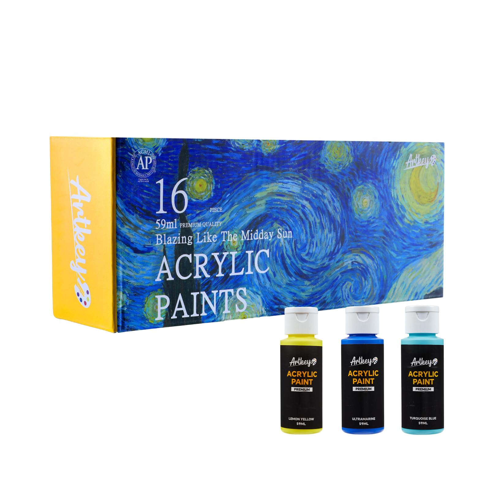 Artkey Acrylic Paint Set, 16 Colors 2 oz/59 ml Acrylic Paint Kit for Professional Artists & Beginners – Van Gogh Inspired “The Burning Sun” Palette