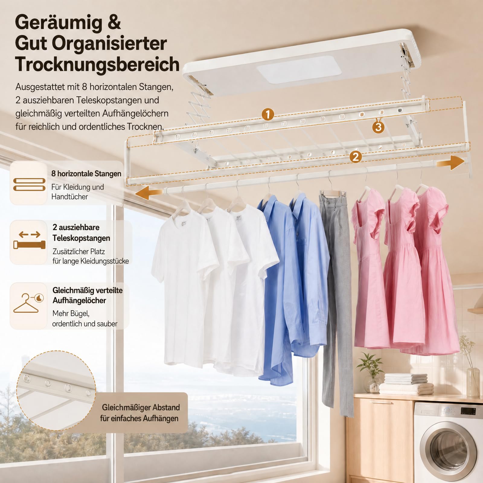 Elektrischer Wäscheständer Deckenmontage,Teleskopierbar 130-215cm