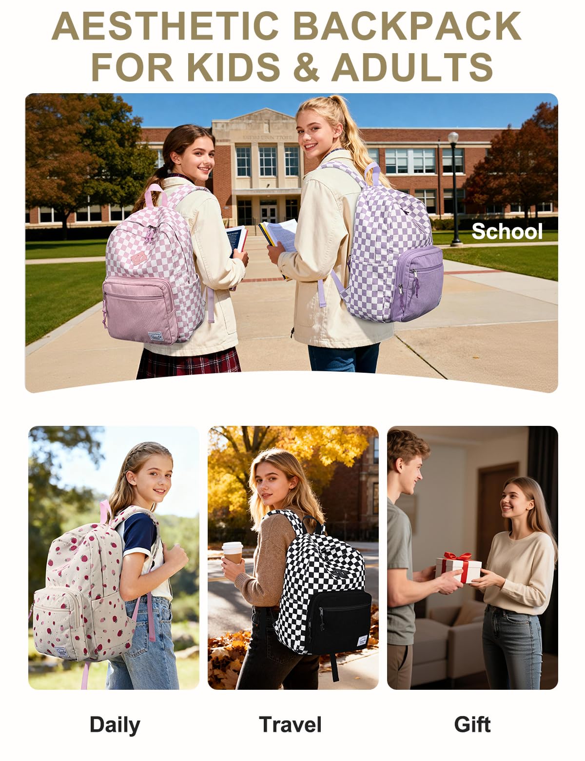 VASCHY Mochila de Pana a Cuadros Negro/Blanco, Ligera 17,7 L, para Portátil 15,6", Colegio Primaria Secundaria Instituto, Mujer y Adolescente, Daypack Casual