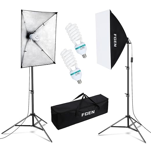 Softbox fotostudioset, FGen 2x50x70cm fotolamp, fotostudioverlichting met E27 voet, 135W 5500K fotolamp en 2M verstelbare lichtstatieven voor