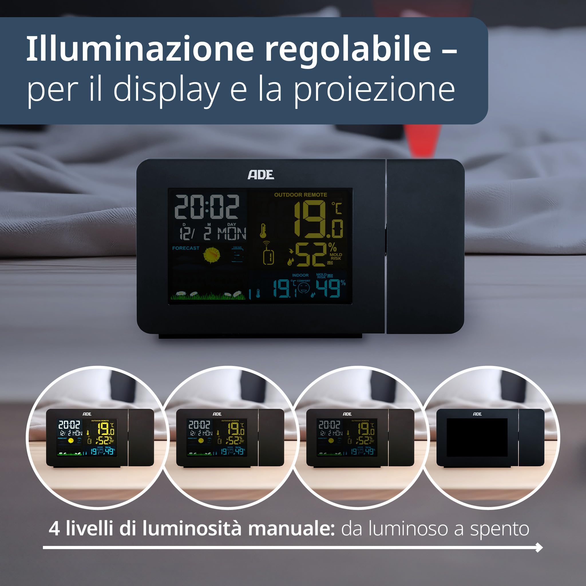 ADE Stazione meteo con sensore esterno a proiezione e wireless | termometro, igrometro, indicatore del clima interno | display LCD illuminato | radiosveglia con segnale orario DCF e calendario | nero