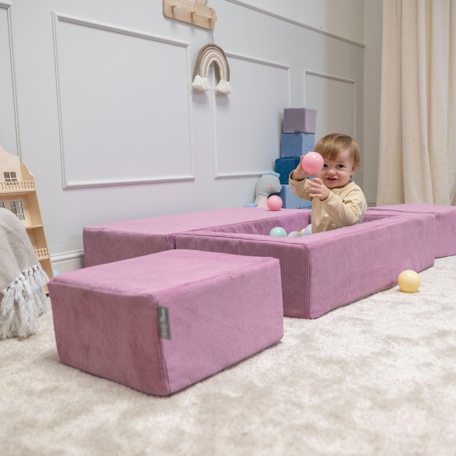 KiddyMoon Set Aus Zwei Weichen Kinderpuffen Für Kinder Leichte Und Vielseitige Sitzkissen Gerippter Stoff Abnehmbarer Bezug Perfekt Für Spielen Und Entspannen, Dunkelbeige