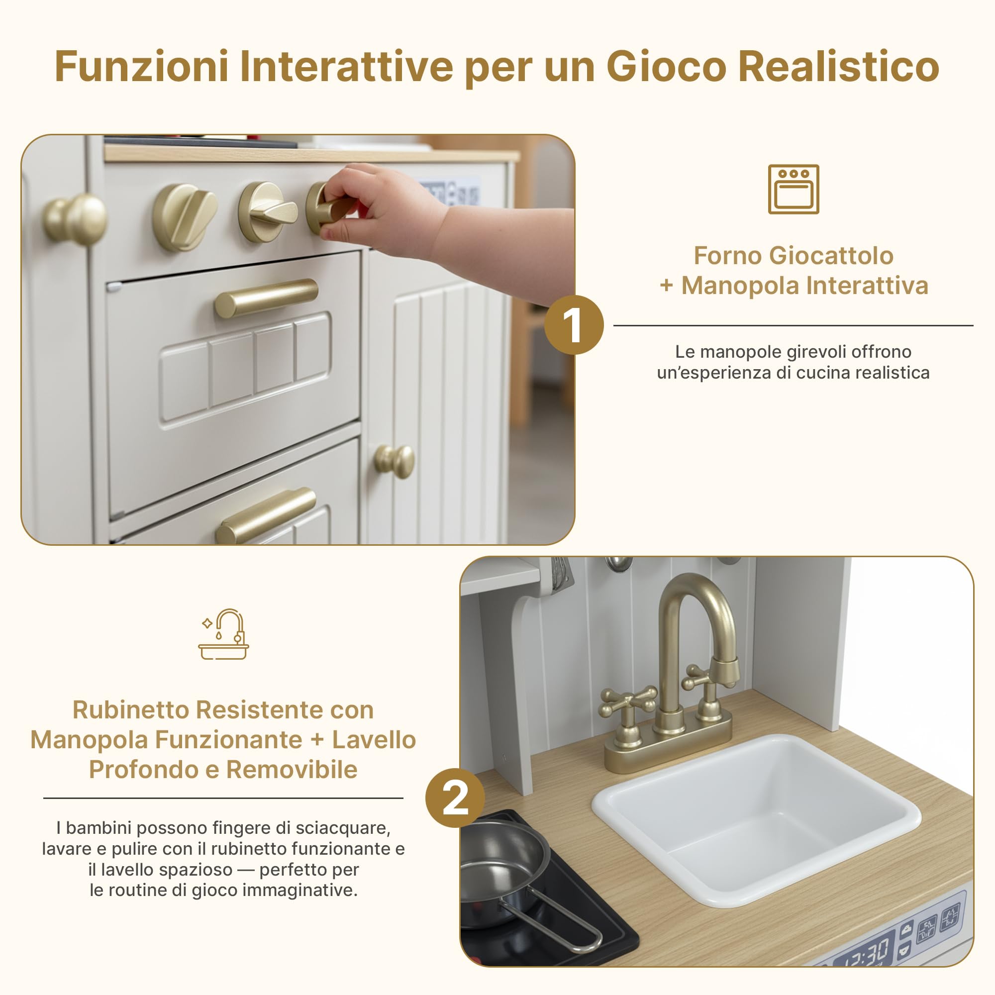 Kinderplay Grande Cucina per bambini in legno con luce e suono, con accessori, lavello, fornello e forno, per giochi di ruolo realistici