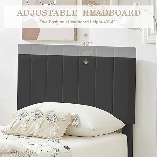Miniatura 4 de Flolinda Base de cama de plataforma tamaño Queen con cabecera tapizada de terciopelo, base de colchón totalmente tapizada, no necesita somier, fácil